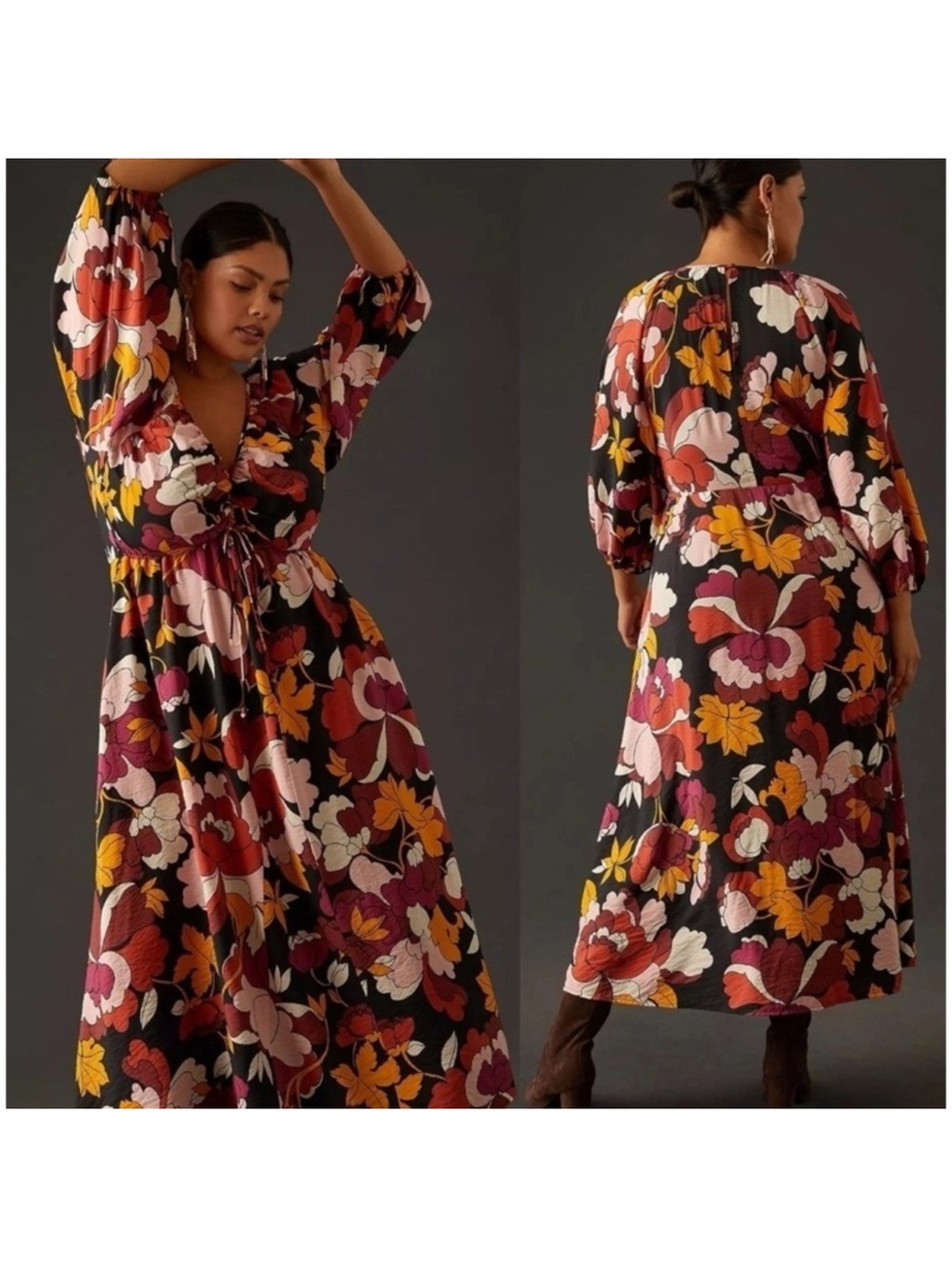 Maeve Anthropologie Floral V-Neck Maxi Dress in Black with Multicolor Blooms